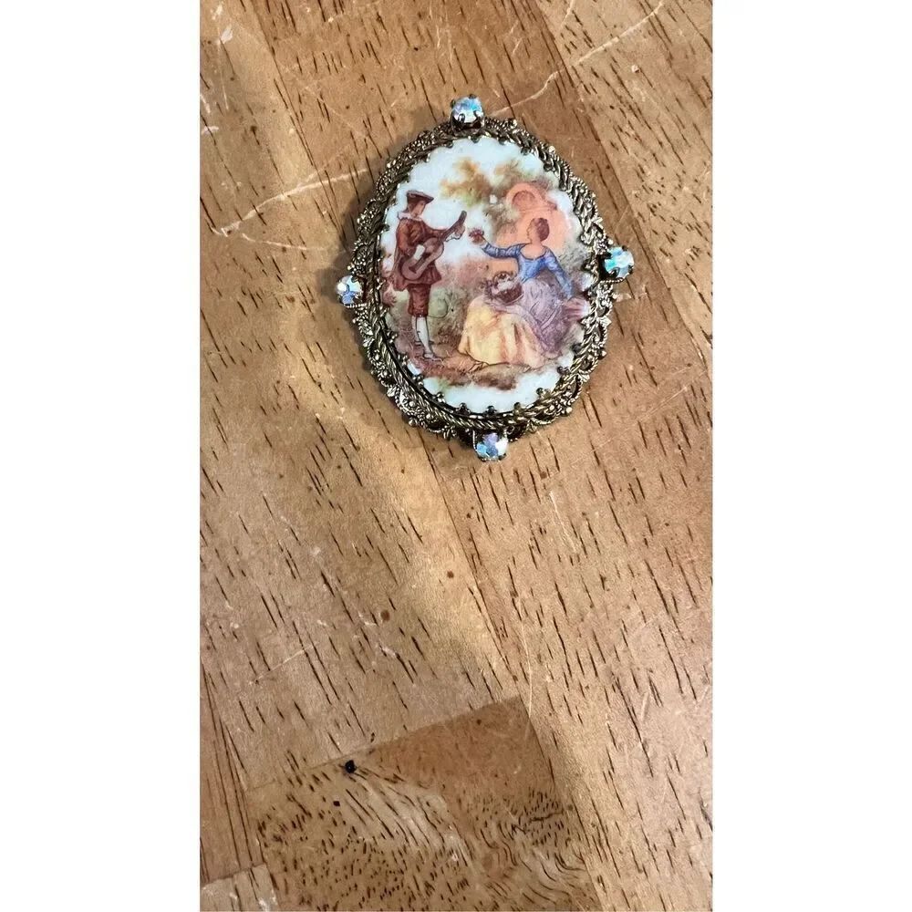 WMAC Painted Oval Ceramic Brooch, Gold Tone Frame Rhinestones